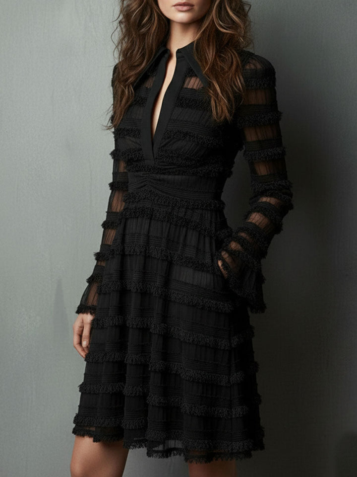 Quiet Luxury Black Fringe Textured Sheer Layered Dress