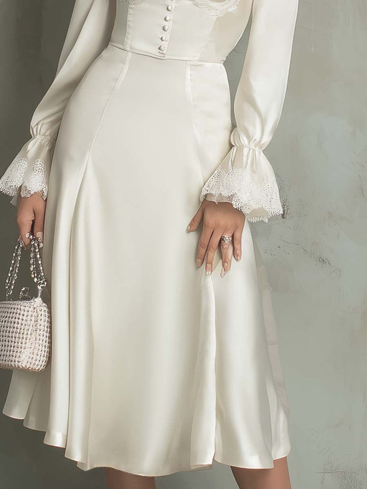 Vintage Lace Trim Polyester Satin Midi Dress