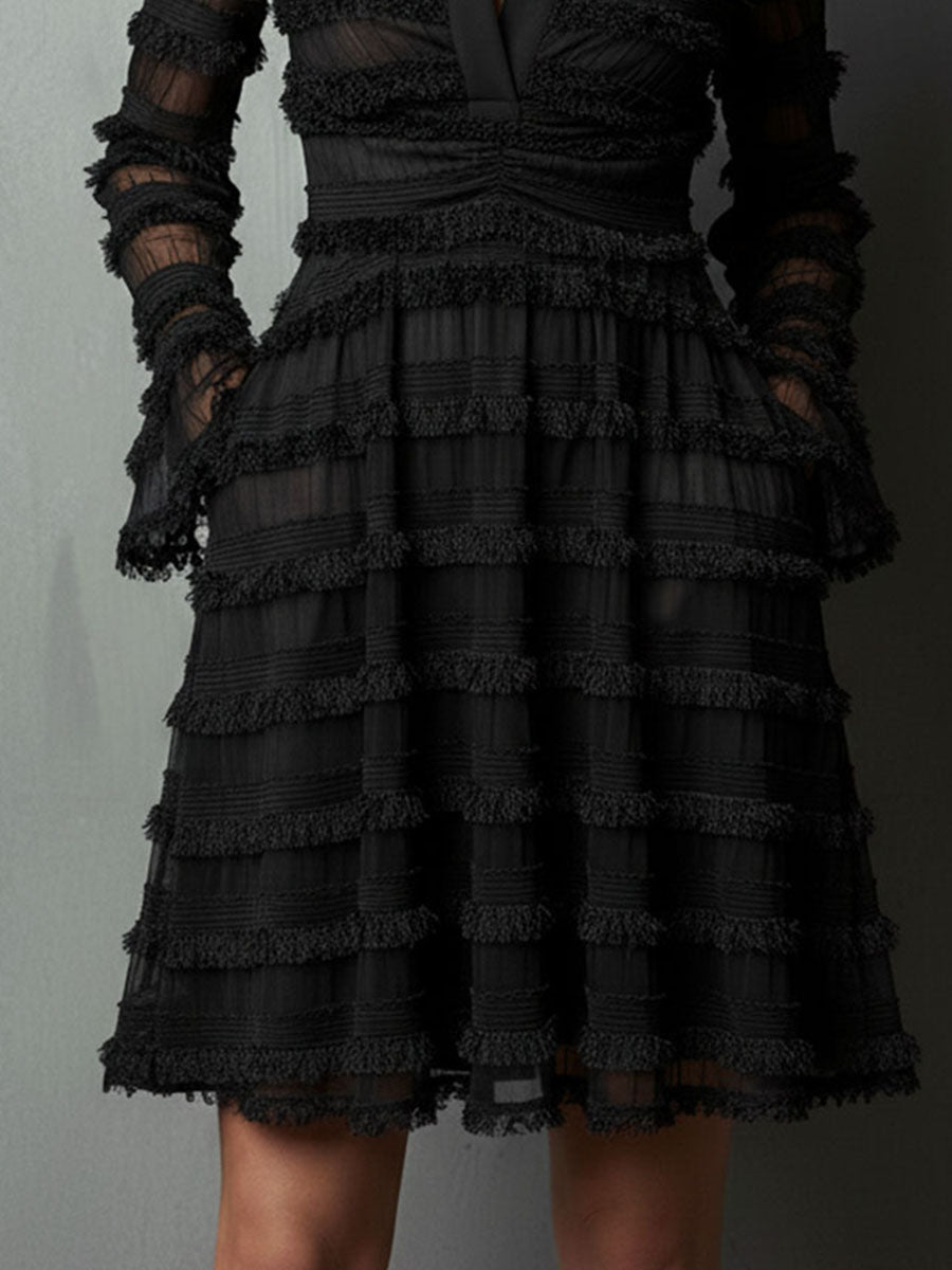 Quiet Luxury Black Fringe Textured Sheer Layered Dress