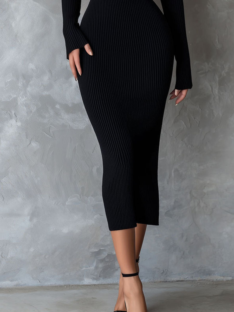 Elegant Cutout Shoulder Black Ribbed Knit Midi Dress