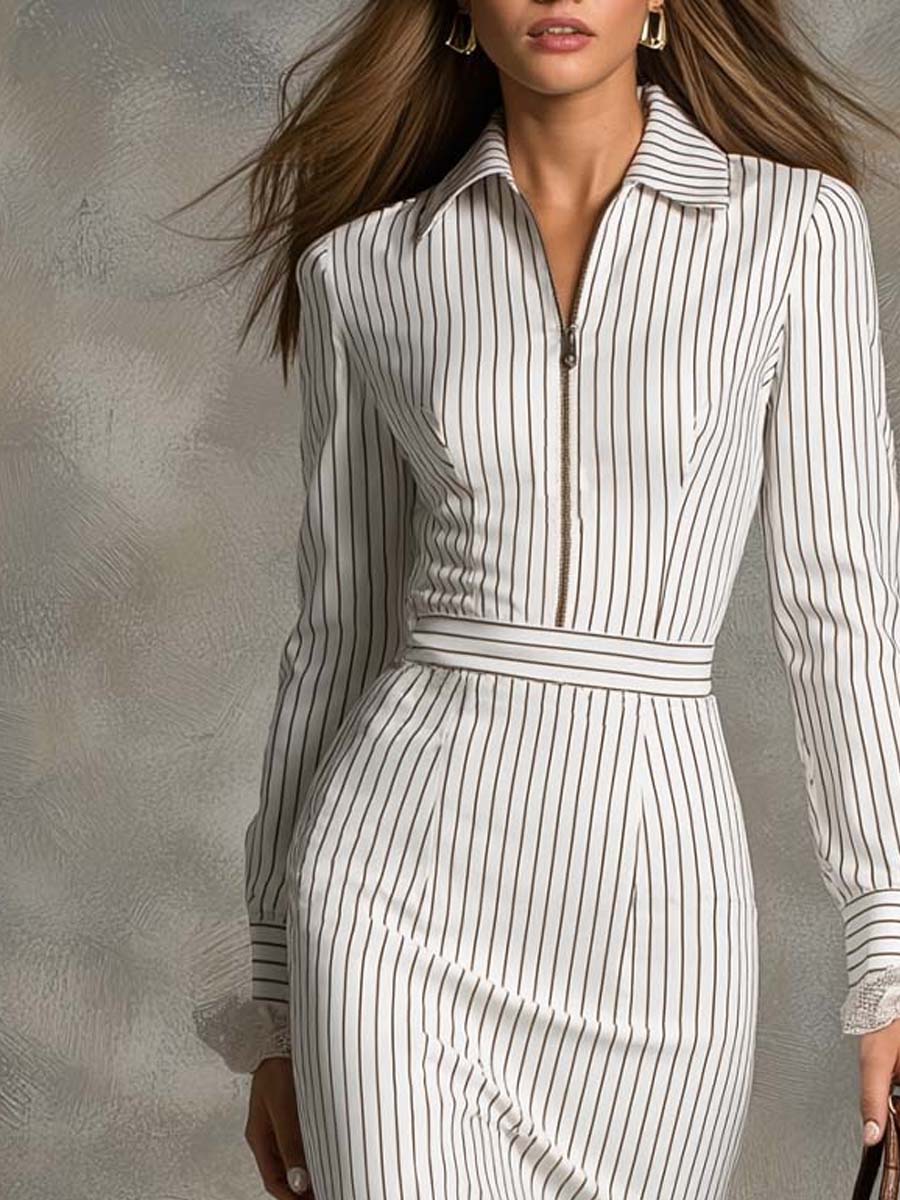 Retro Zip-up Collar Lace Cuffs Striped Midi Dress