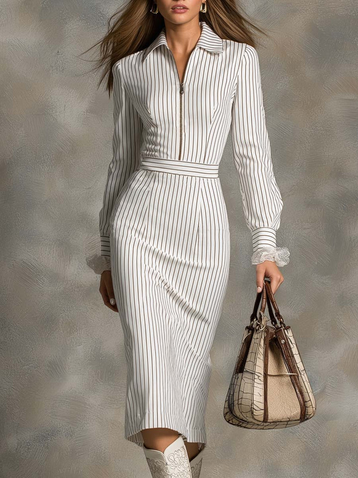 Retro Zip-up Collar Lace Cuffs Striped Midi Dress